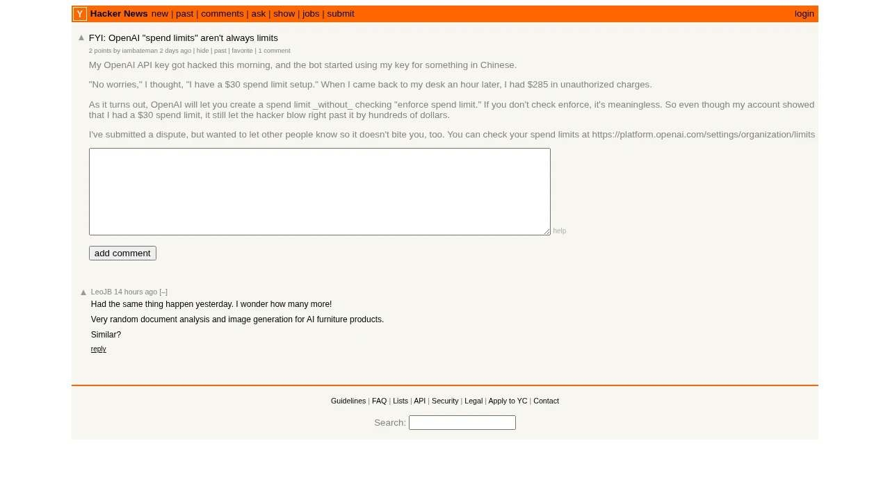 Screenshot of the Hacker News thread titled FYI: OpenAI spend limits aren't always limits
